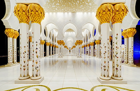 columnas, arquitectura, Emiratos Árabes Unidos, la Gran Mezquita Sheikh Zayed, Abu Dhabi, Fondo de pantalla HD HD wallpaper