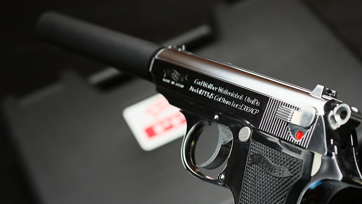 selective photography of black pistol, gun, suppressors, Walther PPK, 9 mm, HD wallpaper