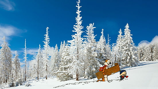 Calvin and Hobbes, cartoon, trees, blue, winter, HD wallpaper HD wallpaper