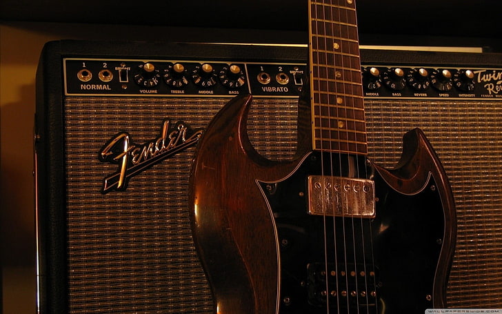 черно-серый гитарный усилитель Fender и SG-гитара, гитара Fender, усилители, Gibson SG, Gibson, музыкальный инструмент, HD обои