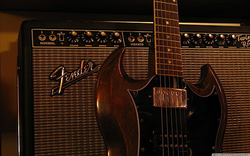 Penguat gitar Fender hitam dan abu-abu dan gitar SG, gitar, Fender, amplifier, Gibson SG, Gibson, alat musik, Wallpaper HD HD wallpaper