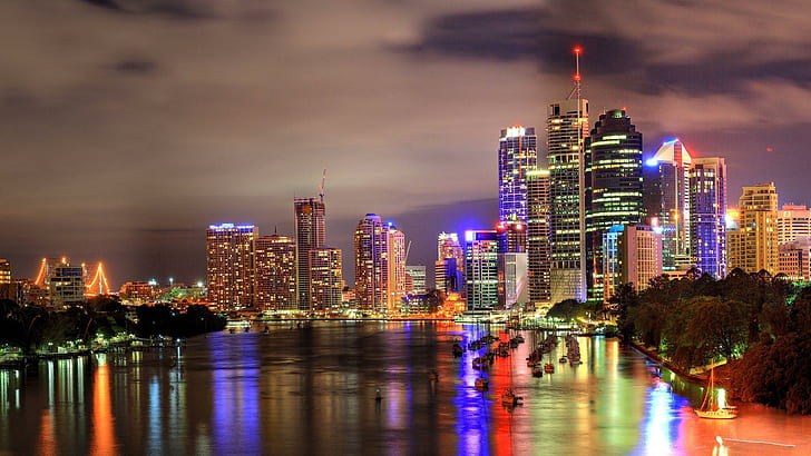 Brisbane, ciudad iluminada durante la noche, mundo, 1920x1080, australia, brisbane, Fondo de pantalla HD