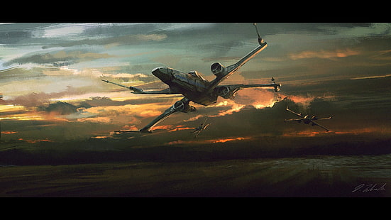 ilustracja statku kosmicznego, Gwiezdne wojny, statek kosmiczny, malarstwo, futurystyczny, X-wing, Tapety HD HD wallpaper