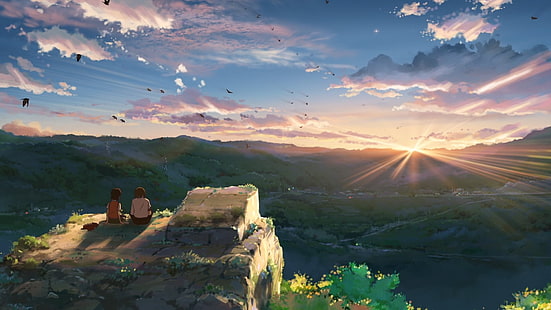 landscape painting with two persons sitting on edge of stone, Hoshi wo Ou Kodomo, sunset, anime, HD wallpaper HD wallpaper
