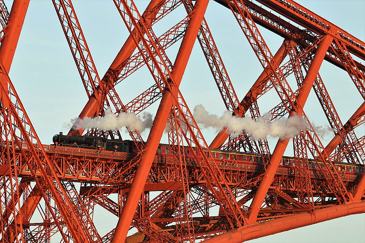 puente, rojo, metal, vehículo, tren, locomotora de vapor, Fondo de pantalla HD