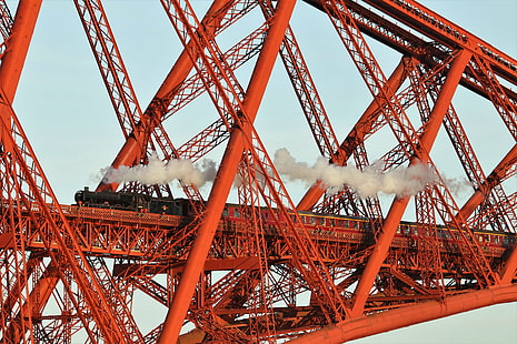 bridge, red, metal, vehicle, train, steam locomotive, HD wallpaper HD wallpaper