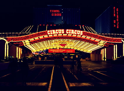 Цирк Цирк, Лас-Вегас, красные вывески цирка, США, Невада, HD обои HD wallpaper