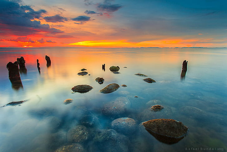 landscape photography of body of water with rocks during golden hour, sea, sunset, nature, beach, sky, rock - Object, reflection, water, dusk, sunrise - Dawn, landscape, HD wallpaper
