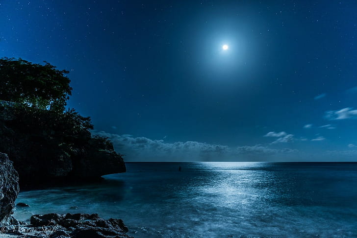 île, paysage, plage, bleu, clair de lune, mer, lune, nature, nuit étoilée, Caraïbes, Fond d'écran HD