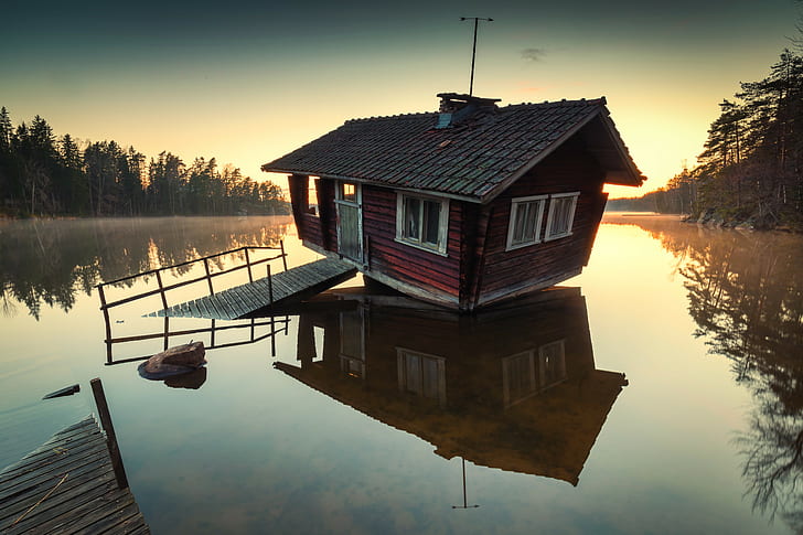 sauna, Kirkkonummi, lago, lago Tampaja, árboles, paisaje, Tampaja, agua, bosque, naturaleza, reflexión, Finlandia, Fondo de pantalla HD