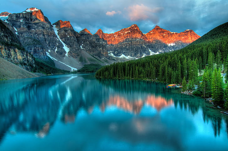 カナダ、森林、湖、モレーン、山、自然、風景、 HDデスクトップの壁紙
