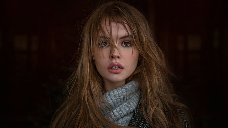 women, open mouth, coats, long hair, blonde, portrait, face, model, simple background, Anastasia Scheglova, HD wallpaper