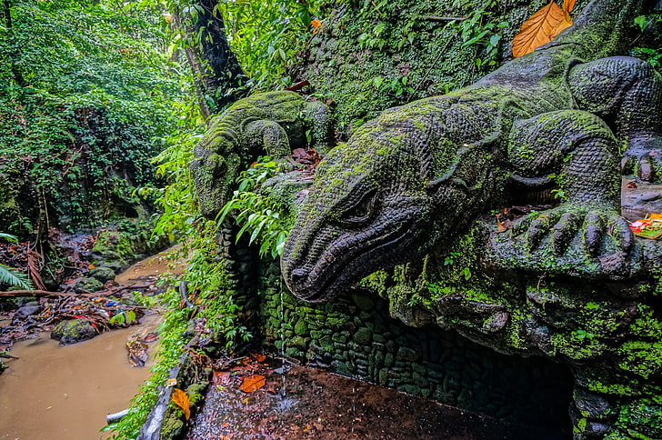 forest, river, Bali, Indonesia, statues, reserve, Statue of a Komodo dragon, Monkey forest, Ubud, Ubud Monkey Forest, HD wallpaper