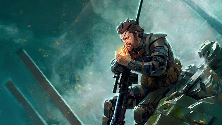 мъж в син брониран костюм, държащ илюстрация на пушка, Metal Gear Solid V: The Phantom Pain, Metal Gear, Metal Gear Solid, HD тапет