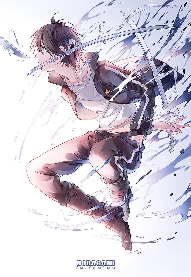schwarzhaarige männliche Anime Charakter Illustration, Anime Boys, Noragami, schwarze Haare, Yato (Noragami), blaue Augen, Schwert, HD-Hintergrundbild, Handy-Hintergrundbild