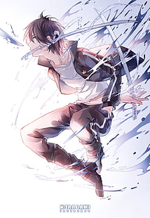 black haired male anime character illustration, anime boys, Noragami, black hair, Yato (Noragami), blue eyes, sword, HD wallpaper HD wallpaper