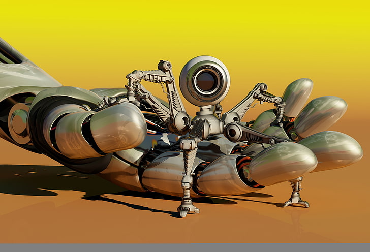 gray robot toy, macro, mechanism, robot, hand, camera, blur, Android, palm, mini, hi-tech, lifeguard, bokeh, scout, wallpaper., technology, beautiful background, yellow sand background, sinker, HD wallpaper