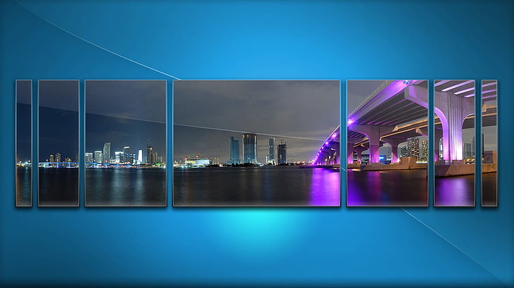 purple bridge 6-panel wall decoration, blue, water, sea, night, lights, city, HD wallpaper