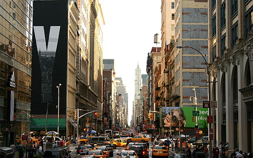 Ciudad de Nueva York, paisaje urbano, tráfico, anuncios, taxi, ciudad, calle, Fondo de pantalla HD HD wallpaper