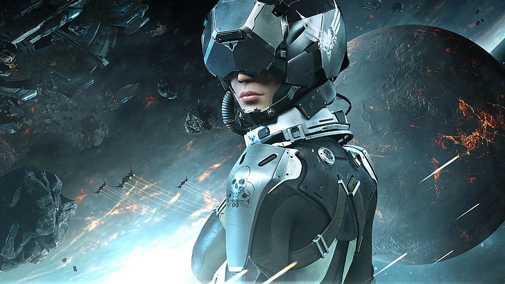 woman with armor wallpaper, video games, PC gaming, space, EVE Valkyrie, digital art, women, helmet, science fiction, futuristic, HD wallpaper