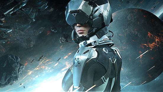 mulher com papel de parede de armadura, videogames, jogos para PC, espaço, EVE Valkyrie, arte digital, mulheres, capacete, ficção científica, futurista, HD papel de parede HD wallpaper