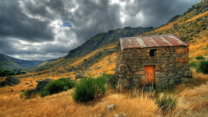 Ilustración de la casa de piedra marrón, naturaleza, paisaje, cabaña, HDR, colinas, valle, Fondo de pantalla HD