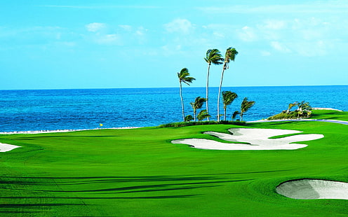 Golf, pole golfowe, niebieski, zielony, horyzont, ocean, palma, woda, Tapety HD HD wallpaper