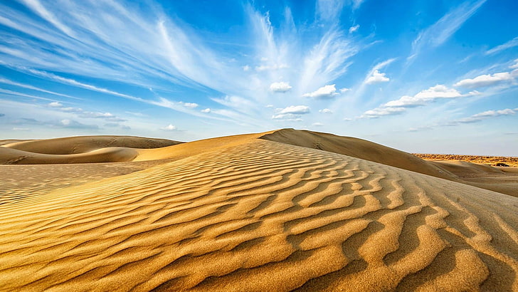 пустиня, небе, пясъчна дюна, пеещ пясък, облак, пясък, дюна, пейзаж, Сахара, хоризонт, Раджастан, слънчева светлина, пустиня Тар, Индия, Сам пясъчни дюни, Джейсалмер, HD тапет
