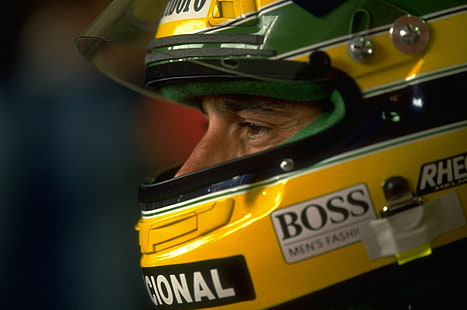 yellow and multicolored full-face helmet, look, helmet, male, Formula 1, champion, Ayrton Senna, racing driver, HD wallpaper HD wallpaper