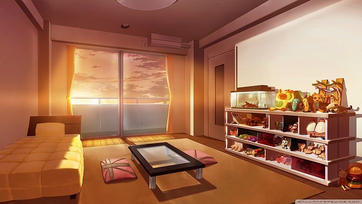 meja kopi kaca-top kaca persegi panjang hitam, anime, kota, Jepang, kamar, damai, Wallpaper HD
