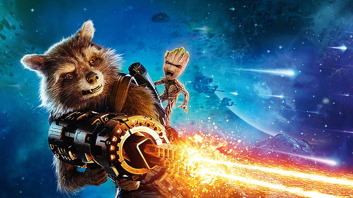 Guardians of the Galaxy Vol. 2, Guardians of the Galaxy, Groot, Rocket Raccoon, movies, raccoons, HD wallpaper