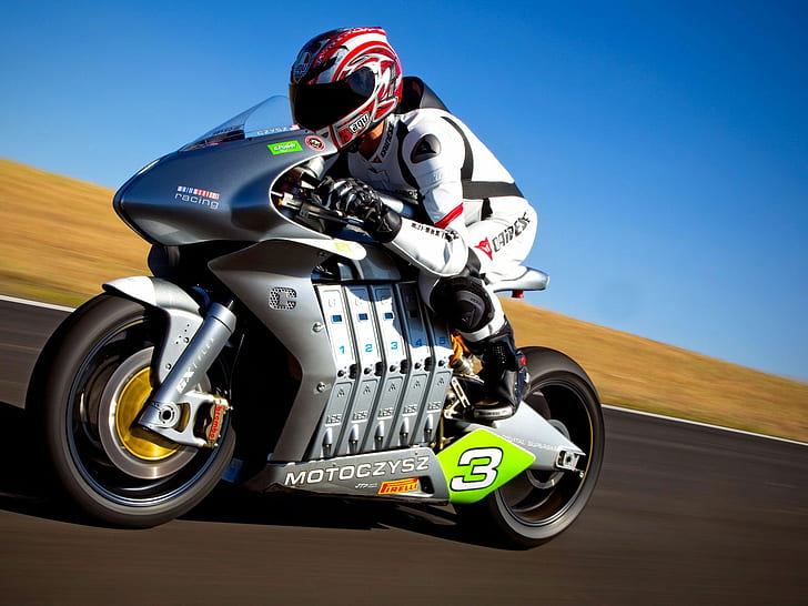 MotoCzyszレーシングバイク、青とグレーのスポーツバイク、バイク、レーシング、motoczysz、 HDデスクトップの壁紙