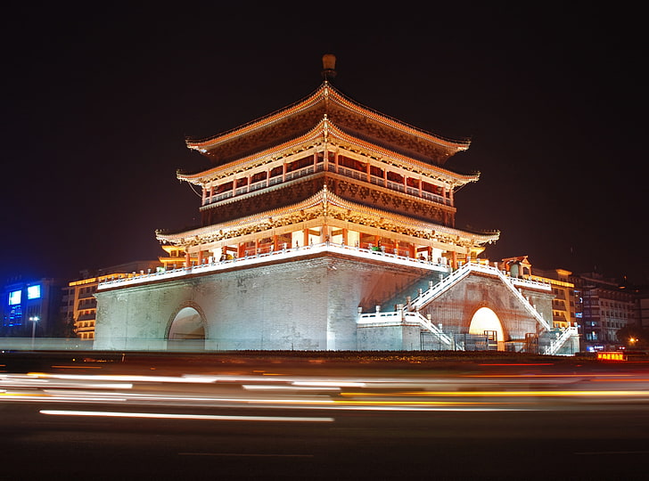 Bell Tower Of Xian, China, Asia, China, Lights, Light, Tower, Cars, Bell, Traffic, belltower, shaanxi, xian, HD wallpaper