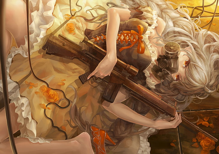 anime, gadis anime, rambut putih, masker gas, mata oranye, senjata, senapan mesin, Wallpaper HD