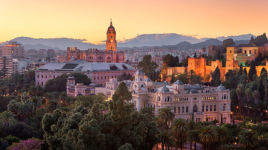 malaga, hiszpania, europa, zachód słońca, andaluzja, pejzaż miejski, wieczór, Tapety HD HD wallpaper