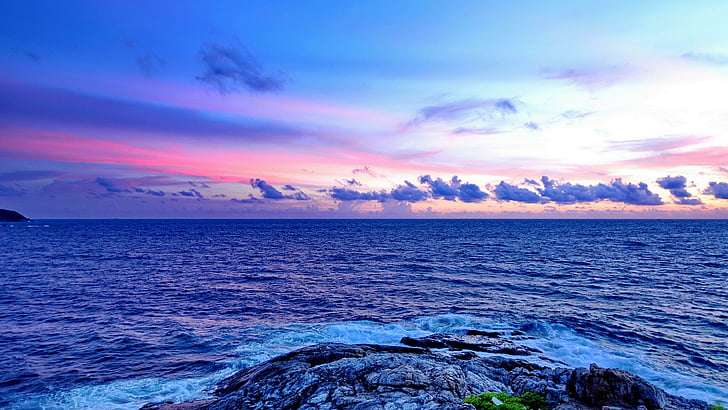 hav, himmel, horisont, hav, vatten, strand, lugn, solnedgång, stenig, moln, kust, våg, vindvåg, udde, phuket, thailand, HD tapet