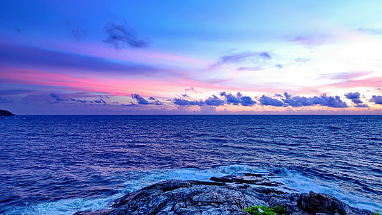 mar, céu, horizonte, oceano, agua, costa, calma, pôr do sol, rochoso, nuvem, costa, onda, onda de vento, promontório, Phuket, Tailândia, HD papel de parede HD wallpaper