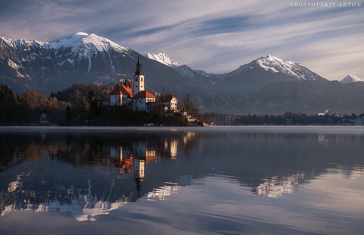 winter, snow, landscape, mountains, nature, lake, reflection, home, Church, island, Slovenia, Bled, HD wallpaper