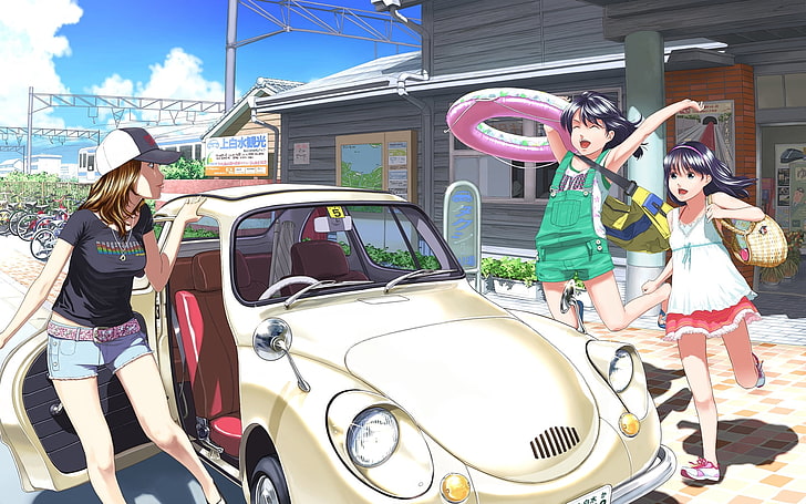 anime girls and car, anime, girls, fun, car, summer, travel, swimming, HD wallpaper