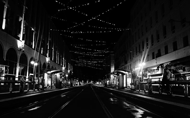 Nice City Night HD Wallpaper, grayscale city and building, Black and White, nice, light, france, french, night, subway, HD wallpaper