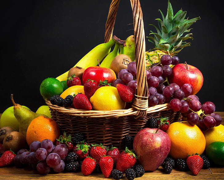 果物、果物、リンゴ、バスケット、ブラックベリー、ブドウ、イチゴ、 HDデスクトップの壁紙