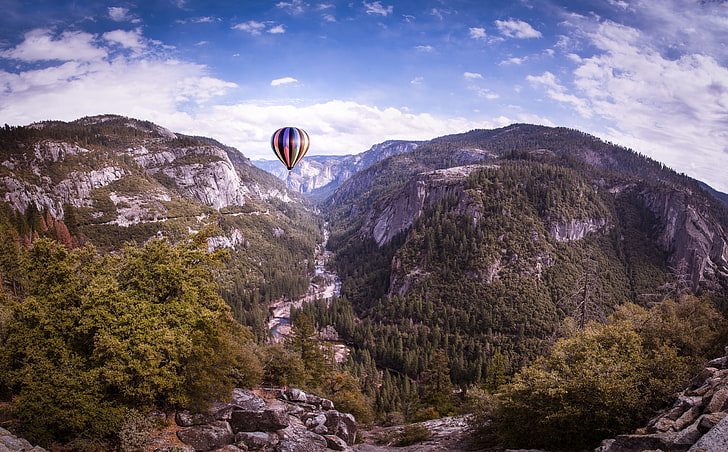 Hot Air Balloon flying over Yosemite, multicolored hot air balloon, United States, California, View, Travel, Nature, Landscape, Balloon, Flying, Scenery, Journey, Photoshop, Trip, dom, Mountains, Park, Aerial, Outdoors, Yosemite, Adventure, Discovery, panorama, Explore, excursion, places, visit, unitedstates, HD wallpaper
