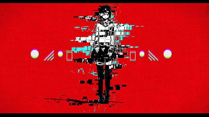 female anime character digital wallpaper, red, glitch art, HD wallpaper