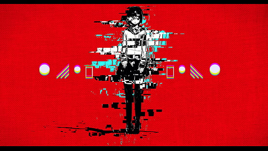 女性アニメキャラクターデジタル壁紙、赤、グリッチアート、 HDデスクトップの壁紙 HD wallpaper