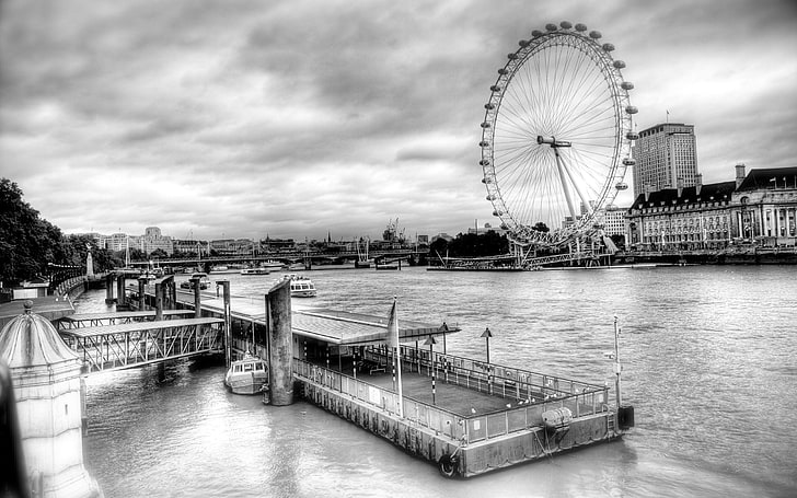grayscale photo of London Eye, thames, london, black white, ferris wheel, river, hdr, HD wallpaper