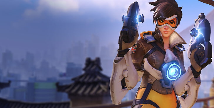 Overwatch character wallpaper, Overwatch, Tracer (Overwatch), Lena Oxton, Blizzard Entertainment, Hanamura (Overwatch), video games, tracer, HD wallpaper