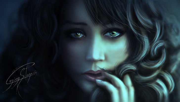siwa ilustracja kobieca, spojrzenie, dziewczyna, włosy, ręka, sztuka, piękny, loki, zielone oczy, Tapety HD