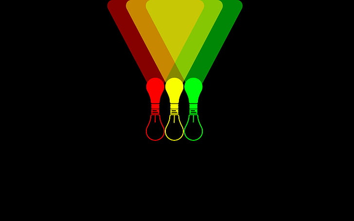 light bulb, color, light, background, black, minimalism, red, green, yellow, Shine, HD wallpaper