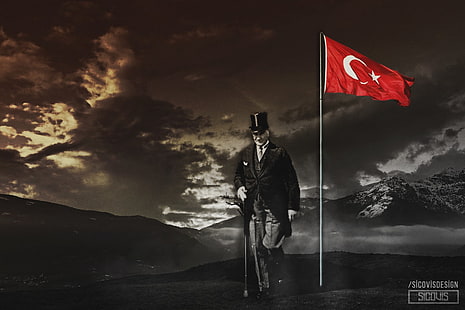 Mann, der Golfclub neben digitaler Tapete der Türkei-Flagge, Mustafa Kemal Atatürk hält, HD-Hintergrundbild HD wallpaper