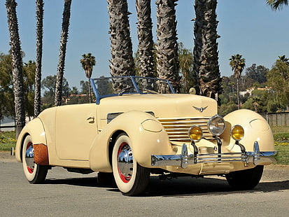 1937 Cord 812 Phaeton, brązowy bentley classic pickup, vintage, phaeton, drzewo, elegancki, klasyczny, 1937, antyk, sznurek, luksusowy, palma, samochody, Tapety HD HD wallpaper